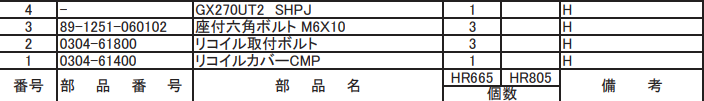 リコイル取付ボルト 0304-61800 適合機種:オーレック 草刈機 HR665,HR805