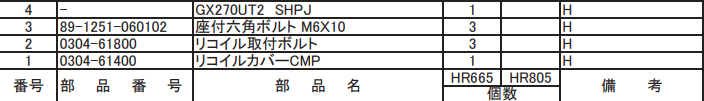 リコイル取付ボルト 0304-61800 適合機種：オーレック 草刈機 HR665,HR805